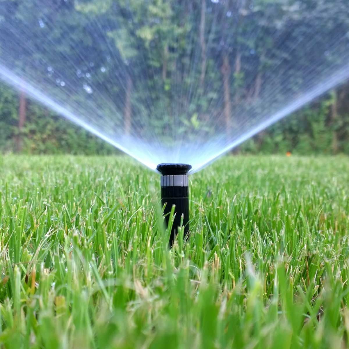 A sprinkler emits water in multiple directions, soaking the lush green grass in a garden surrounded by trees and foliage.