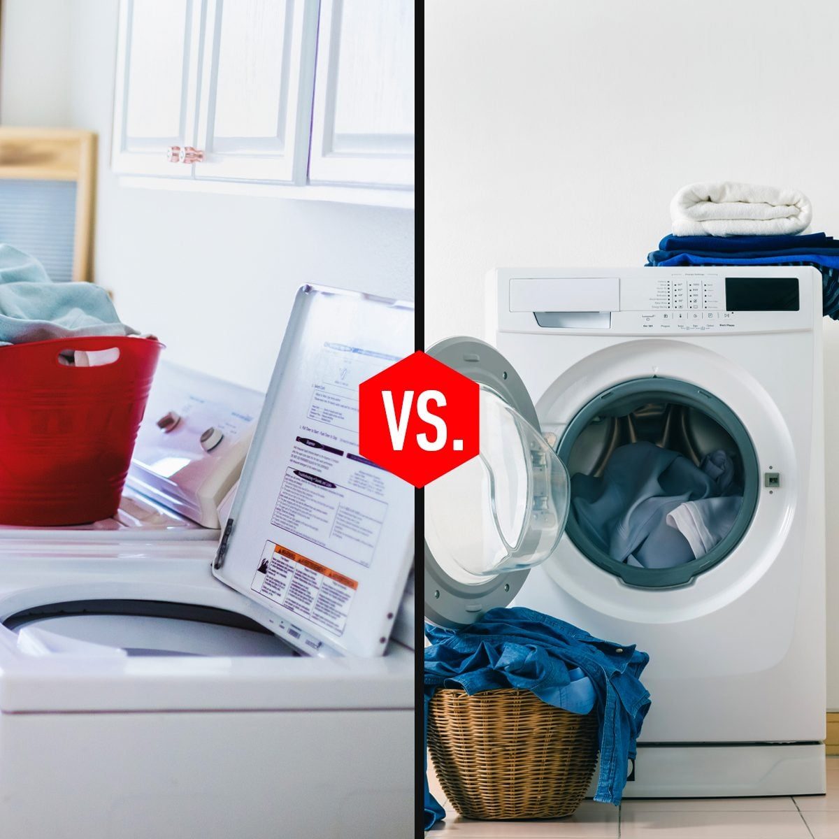 A top-loading washer is filled with clothes beside a basket, while a front-loading washer has its door open, revealing tumbling clothes insi
